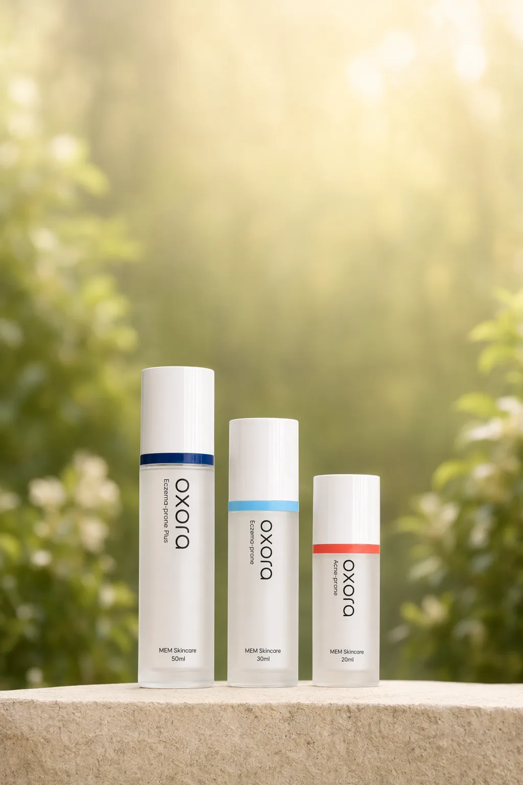Oxora Acne-prone, EP, and EP Plus on a stone ledge, warm garden bokeh behind