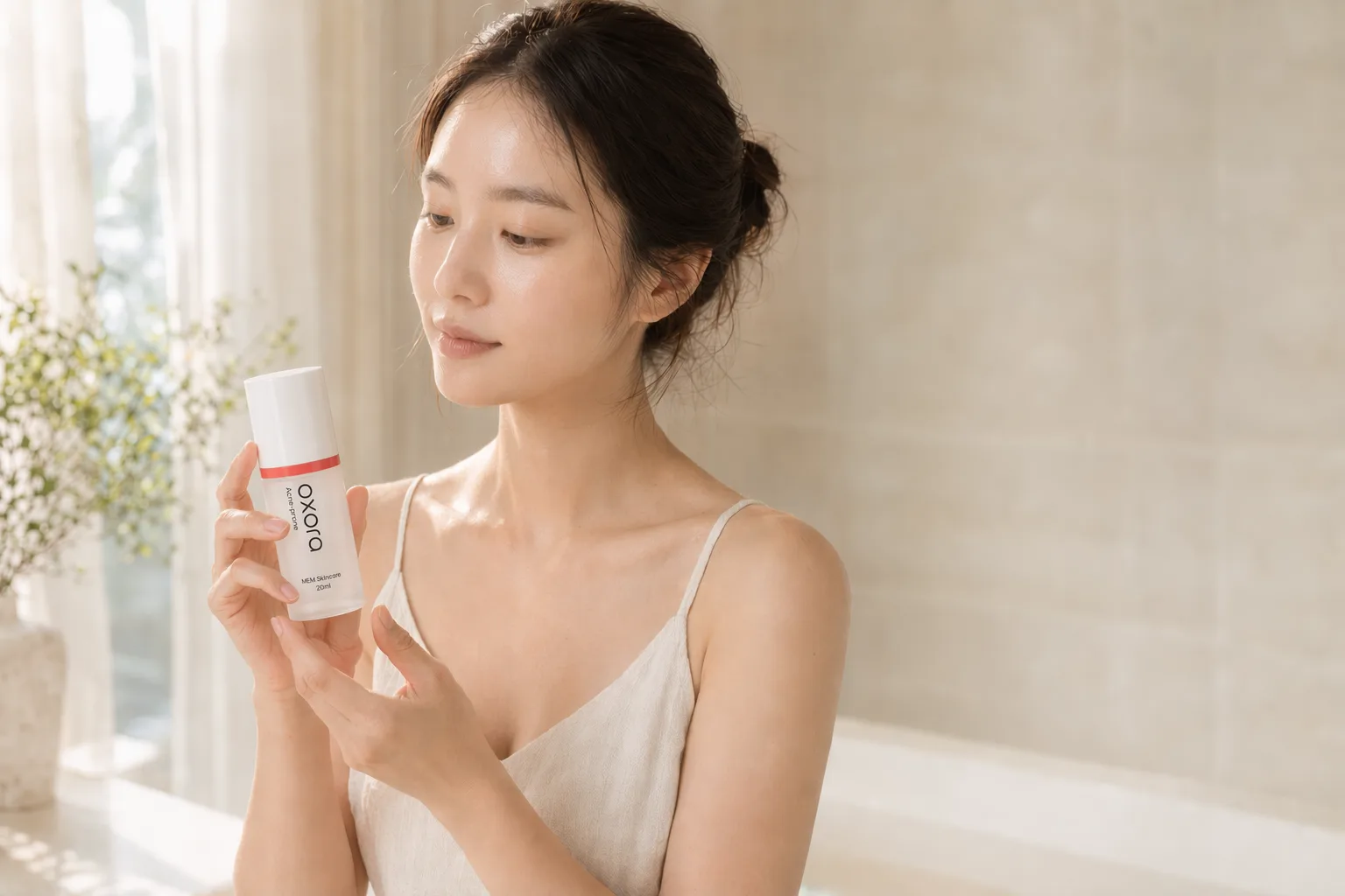 A woman holding Oxora Acne-prone at a sunlit vanity