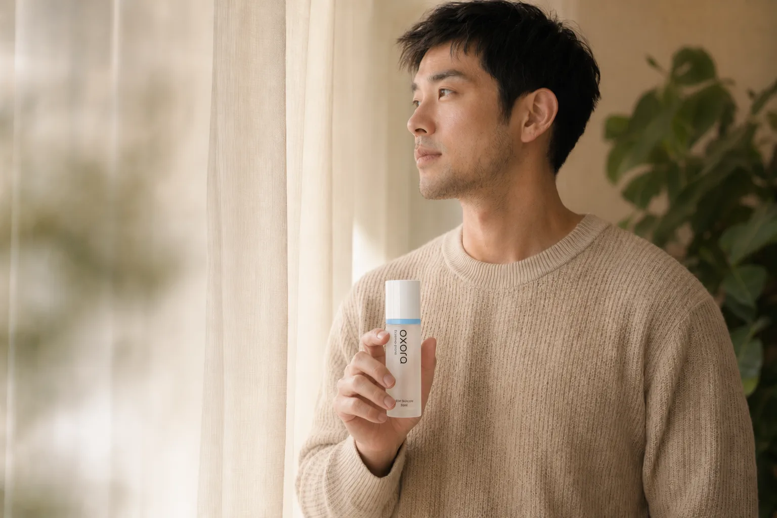 A man holding Oxora Eczema-prone by a window in soft midday light