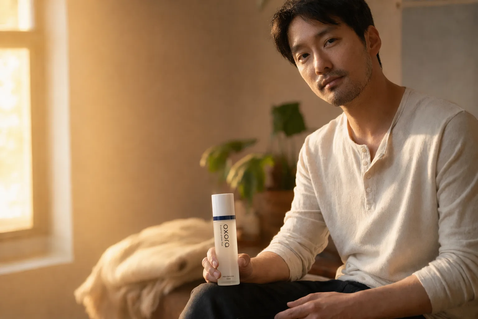 A man holding Oxora Eczema-prone Plus in warm lamplight