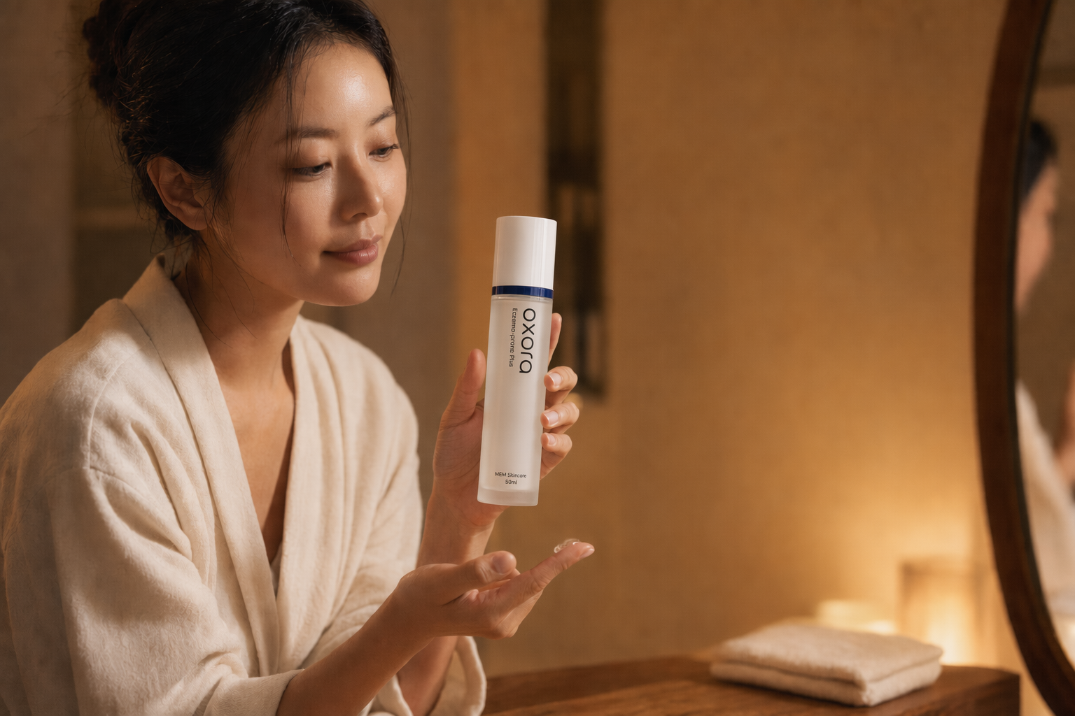 A woman holding Oxora Eczema-prone Plus at a vanity in warm evening light